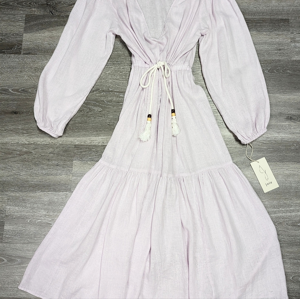 NWT joie Linen Blend Midi Dress. Long Sleeve, Tassel Drawstring, Deep V Neck